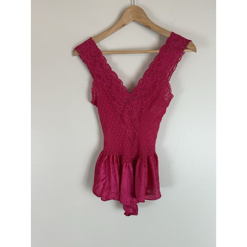Vintage Satin Lace Bodysuit Teddy Lingerie S Ruffle Small Pink 90’s Sexy Sheer
